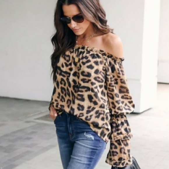 Tops - NWT | Leopard Print Off Shoulder Long Sleeve Top